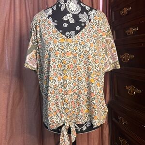 Lucky Brand Floral Tie-Front Blouse Orange and Green Size Large